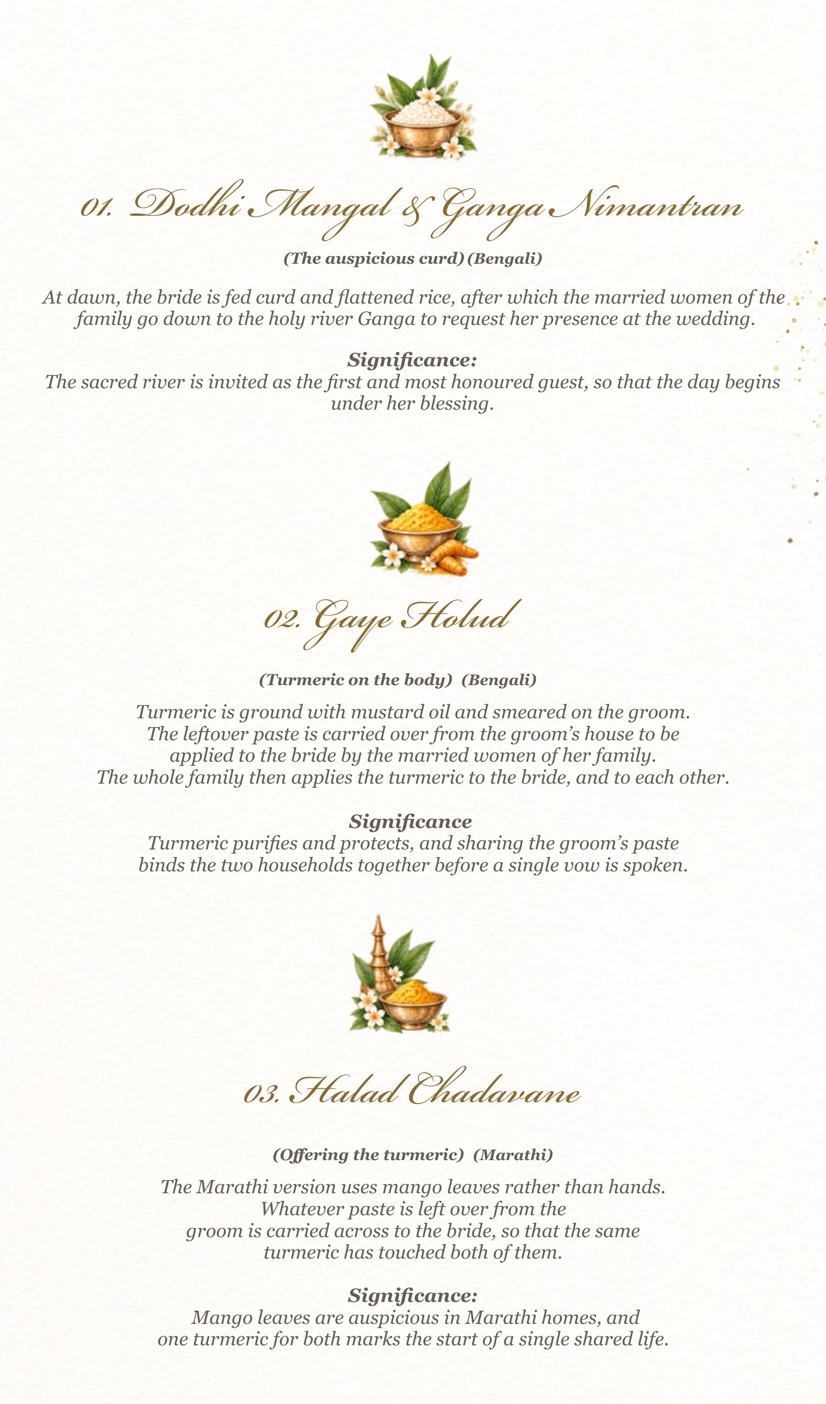 Haldi rituals — Dodhi Mangal, Gaye Holud and Halad Chadavane